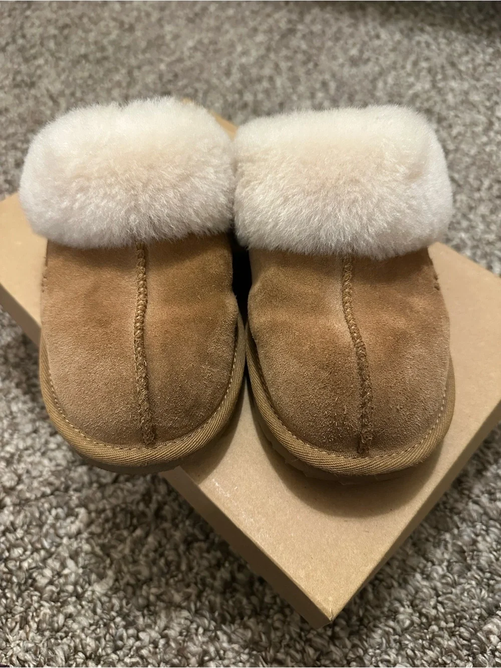UGG Kids Chestnut Suede Slippers with Cream Sheepskin Collar